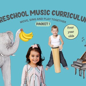 Może przedstawiać: Grafika programu nauczania muzyki przedszkolnej z tekstem "Preschool Music Curriculum" i "Move, Sing and Play Together". Obraz zawiera ilustrację słonia, dziecko z bębnem, dziecko, fortepian i nuty.