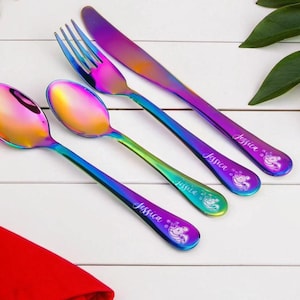 Unicorn Gift – Personalized Rainbow Cutlery Set for Grandson Unicorn party Engraved name Toddler grandchild gift Colored utensils