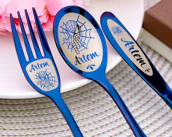 Personalized baby gifts Spiderman with name Custom flatware Gift baby boy Childrens flatware Spoon Fork Knife