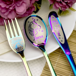 Unicorn gifts - Personalized childrens cutlery with engraved name Rainbow cutlery Gift for kids First birthday Toddler grandchild gift