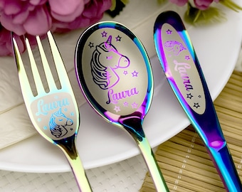 Unicorn gifts - Personalized childrens cutlery with engraved name Rainbow cutlery Gift for kids First birthday Toddler grandchild gift