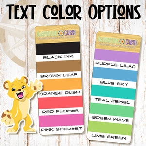 May include: A color chart with 10 different color options for text customization. The colors are: Black Ink, Brown Leaf, Orange Rush, Red Flower, Pink Sherbet, Purple Lilac, Blue Sky, Teal Jewel, Green Wave, and Lime Green.