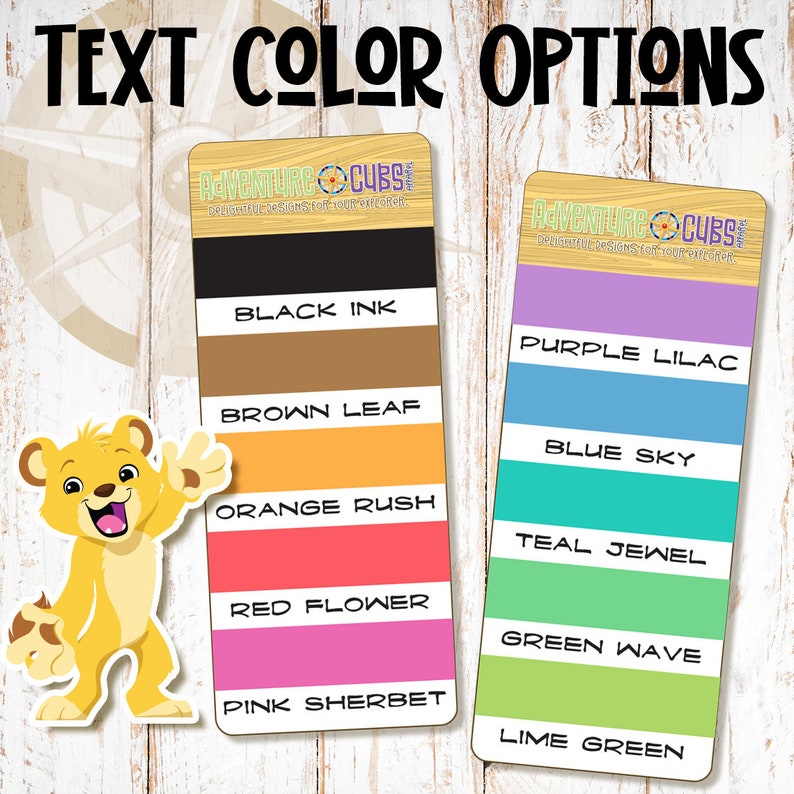 May include: A color chart with 10 different color options for text customization. The colors are: Black Ink, Brown Leaf, Orange Rush, Red Flower, Pink Sherbet, Purple Lilac, Blue Sky, Teal Jewel, Green Wave, and Lime Green.