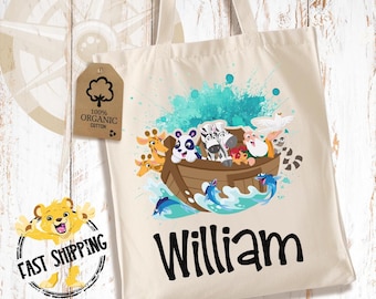 Custom Noahs Ark Tote Bag - Cute Christian Kids messenger bag - bible shoulder crossbody canvas - adorable kids church volunteer tote -2327