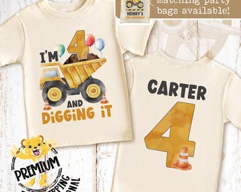 I'm 4 & Digging It Construction Birthday Shirt - Custom 4th Birthday Boys Party Shirt - Personalized Dump Truck Equipment Design - 1284