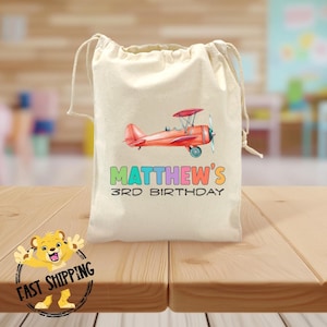 Custom Airplane Birthday Party Goodie Bags - Reusable Canvas Drawstring Party Favor Bag - Kids Bulk Treat or Party Favor Bags - 2487
