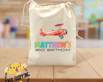 Custom Airplane Birthday Party Goodie Bags - Reusable Canvas Drawstring Party Favor Bag - Kids Bulk Treat or Party Favor Bags - 2487