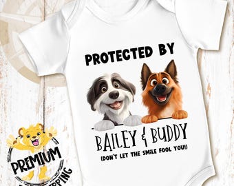 Protected by Custom Dog Breed & Name Baby Onesie® or Toddler Tshirt - Cute Dog Breed Gift or Newborn Announcement - Dog Mom Lover Gift -2435