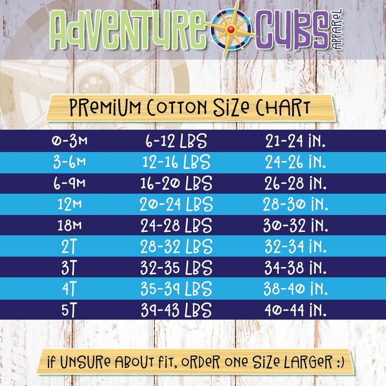 May include: A blue and white size chart for baby clothes. The chart shows the corresponding weight and height for each size, from 0-3 months to 5T. The chart also includes the text "if UNSURE ABOUT FIT, ORDER ONE SIZE LARGER :)"