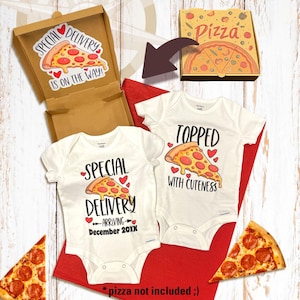 May include: Two white baby onesies with pizza slice graphics and text. One says "Special Delivery" and "Arriving December 20XX." The other says "Topped with Cuteness." Pizza boxes and pizza slices are also shown.