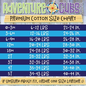 Puede incluir: Una tabla de tallas para Adventure Cubs Apparel, con medidas en pulgadas y libras. La tabla incluye tallas desde 0-3 meses hasta 5T, con las medidas de peso y altura correspondientes. El texto en la parte inferior aconseja pedir una talla m&aacute;s grande si no est&aacute; seguro.