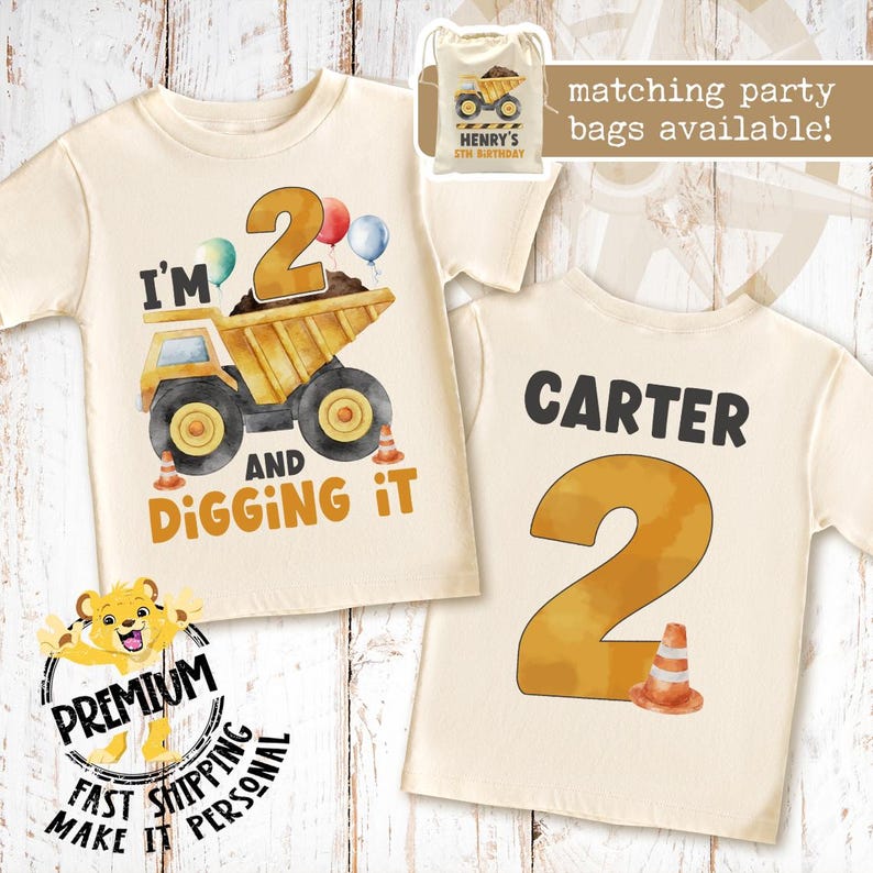 I'm 2 & Digging It Construction Birthday Shirt - Custom 2nd Birthday Party Outfit image 1