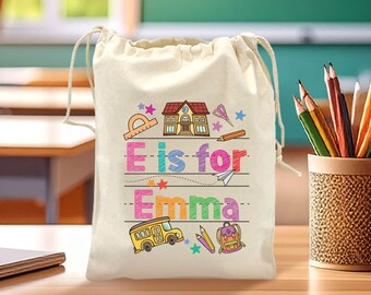 Personalized Back To School Goodie Bag For Kids, Reusable Canvas Drawstring Favor Bag for Kids' - School Event Favor Bag - 2602