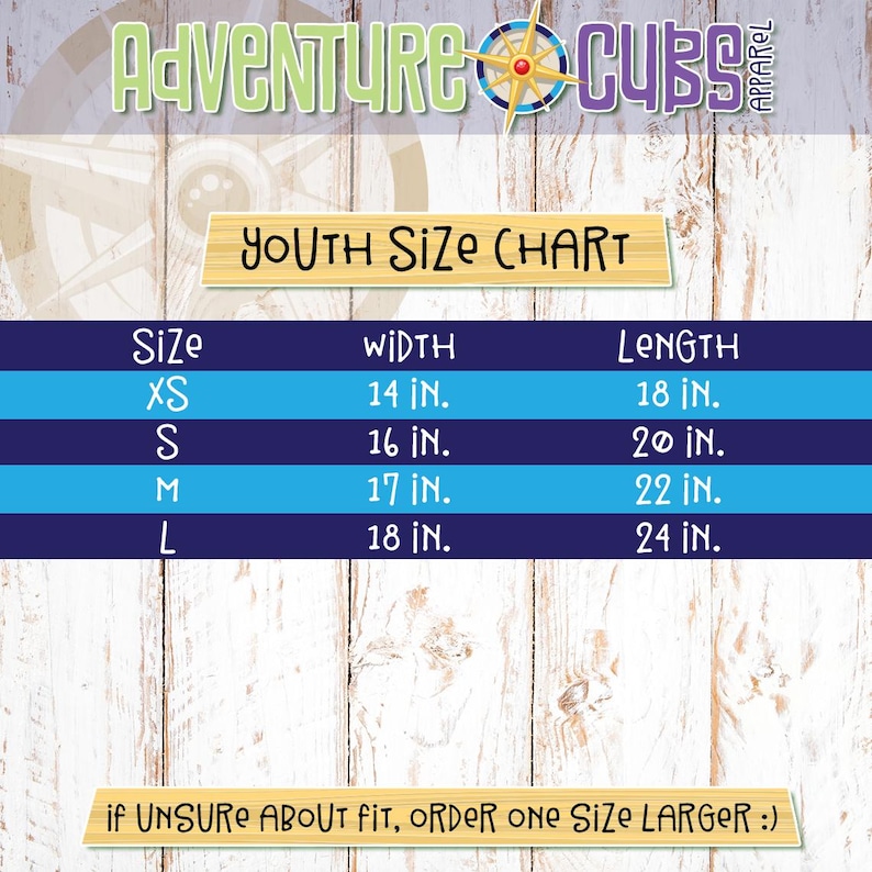 May include: Youth size chart for clothing with measurements in inches. The chart shows sizes XS, S, M, and L with corresponding width and length measurements.