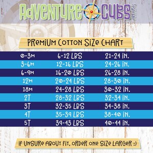 May include: A blue and white size chart for baby clothes. The chart lists sizes from 0-3 months to 5T, with corresponding weight and height ranges in pounds and inches. The chart also includes the text "if UNSURE ABOUT FIT, ORDER ONE SIZE LARGER :)"