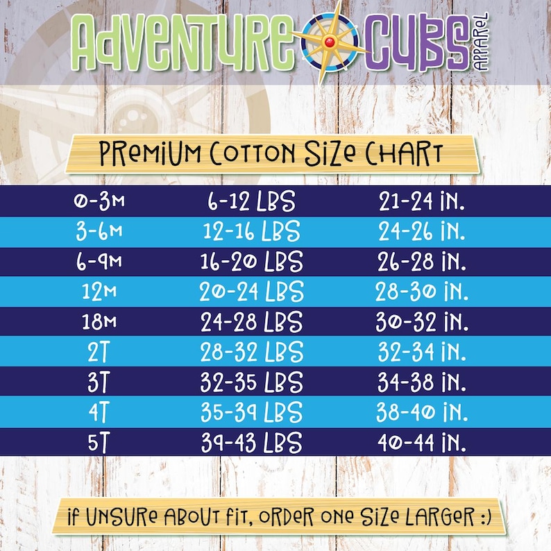 May include: A blue and white size chart for baby clothes. The chart lists sizes from 0-3 months to 5T, with corresponding weight and height ranges in pounds and inches. The chart also includes the text "if UNSURE ABOUT FIT, ORDER ONE SIZE LARGER :)"