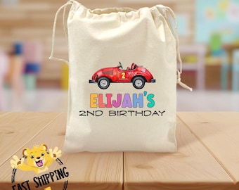 Custom Race Car Birthday Party Goodie Bags - Reusable Canvas Drawstring Party Favor Bag - Kids Bulk Treat or Party Favor Bags - 2489
