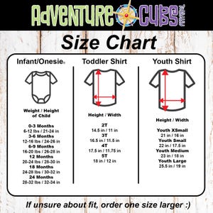 May include: A size chart for Adventure Cubs Apparel featuring three columns for Infant/Onesie, Toddler Shirt, and Youth Shirt. It includes line drawings of garments with red arrows indicating height and width measurements in inches and pounds.