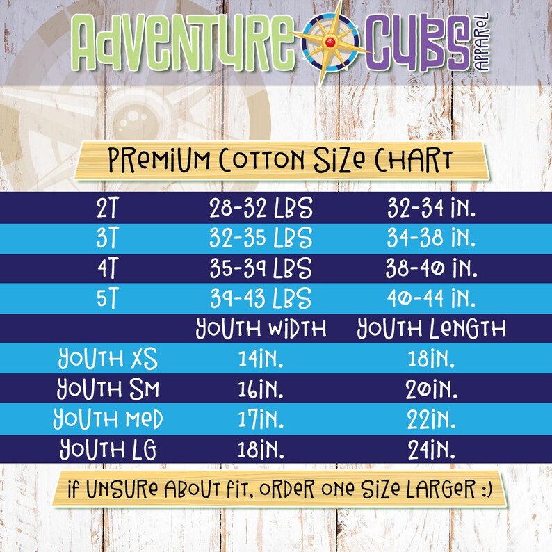 May include: A size chart for youth clothing with measurements in inches and pounds. The chart includes sizes 2T, 3T, 4T, and 5T, as well as youth sizes XS, SM, MED, and LG. The chart also includes a note that if unsure about fit, order one size larger.