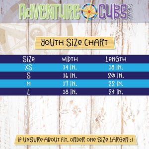 May include: Youth size chart for clothing with measurements in inches. The chart shows sizes XS, S, M, and L with corresponding width and length measurements.