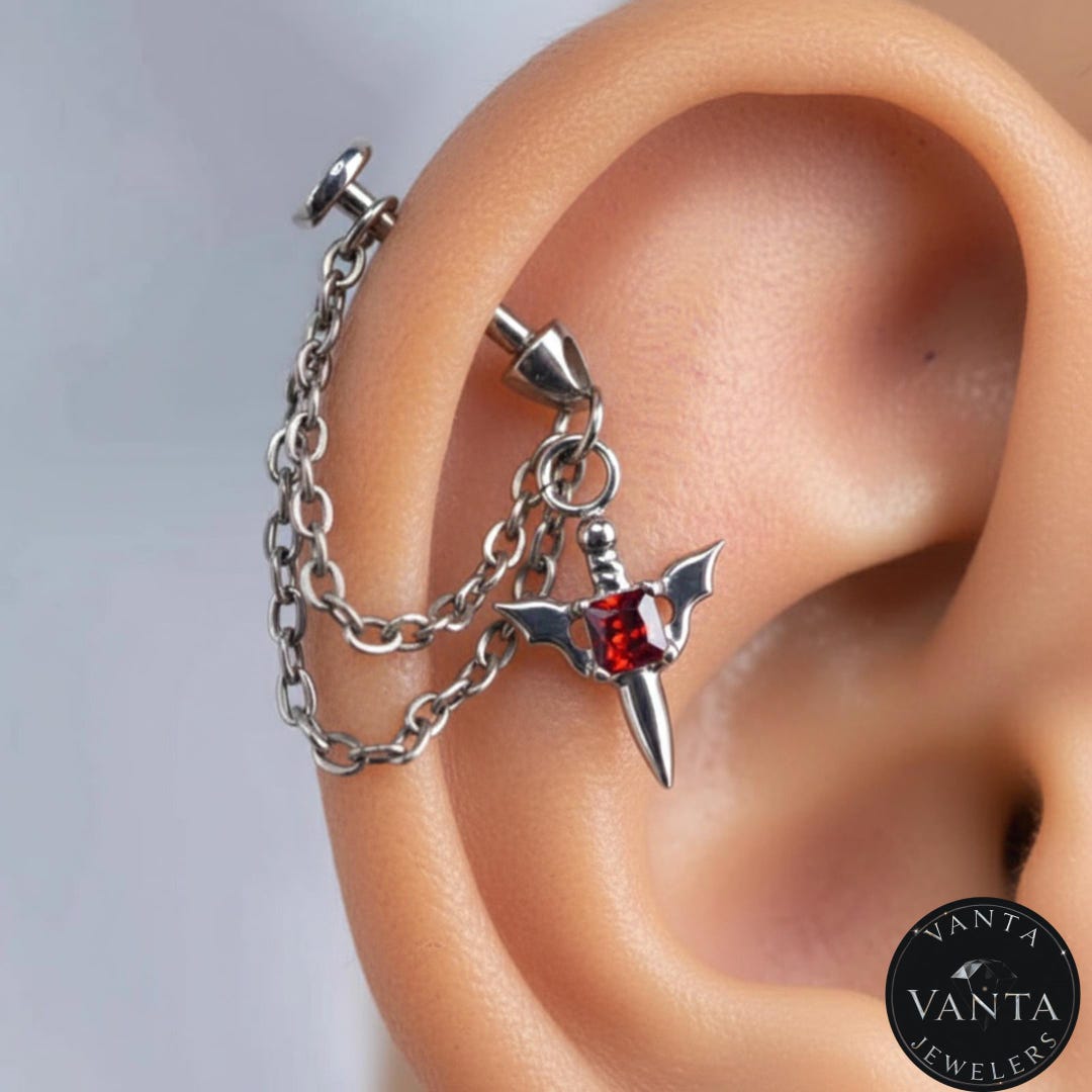 Gothic Bat Dagger Chain Helix Piercing | Red Gem Cartilage Barbell | Spiked Cartilage Jewelry - Etsy Japan