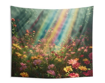 Field Of Wild Flowers In A Meadow Rainbow Sun Rays Shining Through Tapestry Meditation Zen Yoga Girls Room Dorm Aesthetics Wall Hanging Art