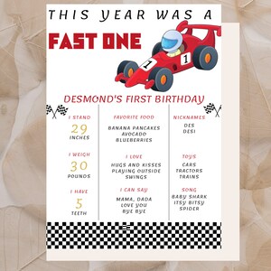 Bearbeitbare Fast One 1. Geburtstag Stats Zeichen, Rennauto Tafel Meilenstein Poster, Rennauto Party Dekor Sofort Download, Auto Motto Party