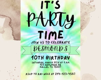 Editable Tie Dye Birthday Invitation, Neon Birthday Invite, Colorful Birthday Invitation, Rainbow Birthday Invitation, Green Birthday Invite