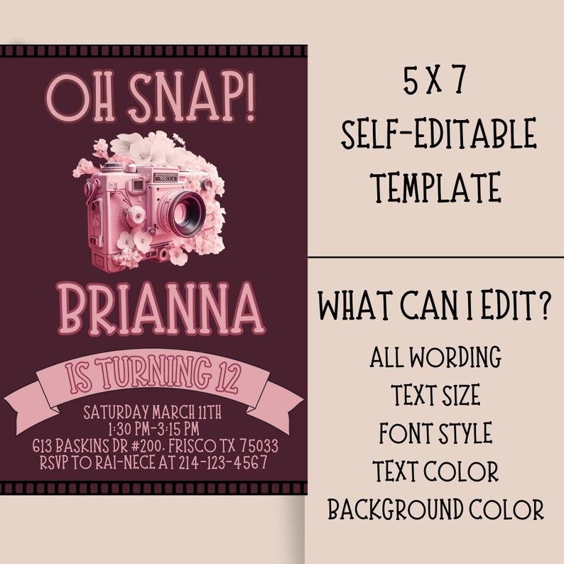 Editable Photography Birthday Invitation, Selfie Invitation, Oh Snap ...