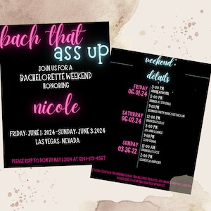 Editable Bach That Ass Up Bachelorette Invitation, Bachelorette Itinerary, Neon Bachelorette, Black Bachelorette Invite, Hen Party Invite