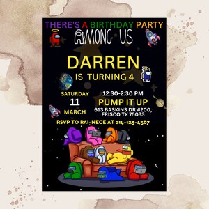 Bewerkbare onder ons verjaardagsuitnodiging sjabloon, afdrukbare onder ons verjaardagsfeestje uitnodigingen, digitale Kids Game Party uitnodiging, Bday Card