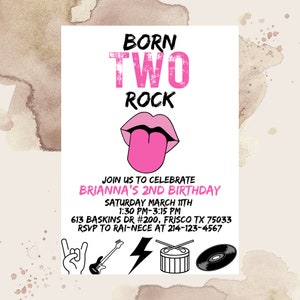Editable Born Two Rock Invitation, 2nd Birthday Invitation, Rock And Roll Party,Two Rocks Party, Punk Rock Birthday, Rolling Stones Party