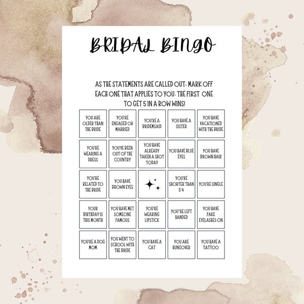 Editable Bridal Bingo,  Bachelorette Party Bingo Game,  Premade Bachelorette And Bridal Drinking Games, Minimal Script Bridal Shower Games