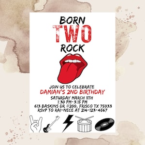 Editable Born Two Rock Invitation, 2nd Birthday Invitation, Rock And Roll Party,Two Rocks Party, Punk Rock Birthday, Rolling Stones Party