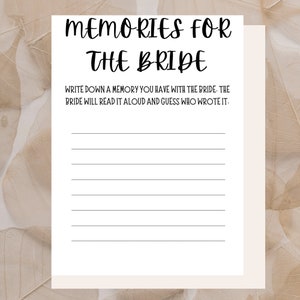 Editable Minimalist Memories for the Bride Game, Share A Memory Game ...