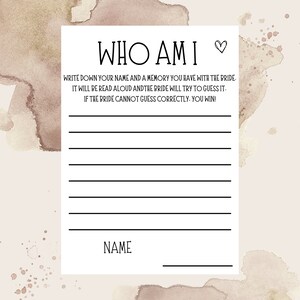 Juego editable &quot;Quién soy yo&quot;, Recuerdos para la novia, Juego para compartir recuerdos, Juego de recuerdos favoritos con la novia, Juego de despedida de soltera