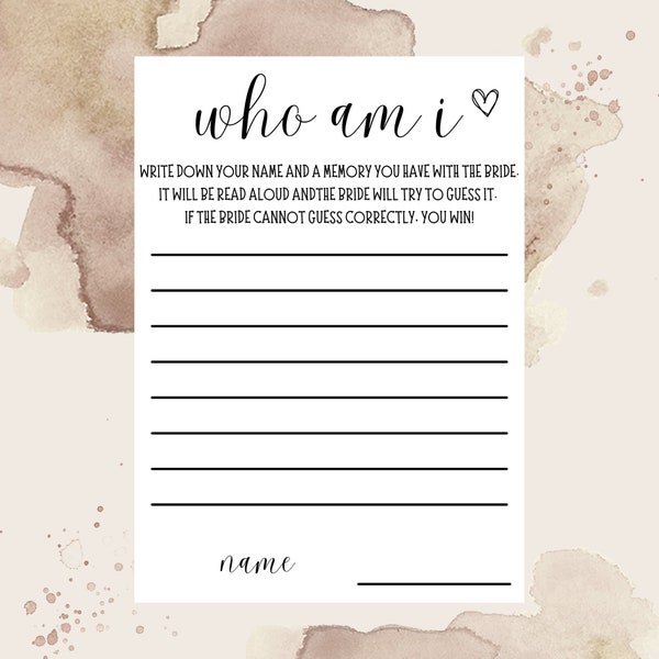 Editable Who Am I Game, Memories For The Bride, Share A Memory Game, Favorite Memory With The Bride Game, Bachelorette & Bridal Shower Game