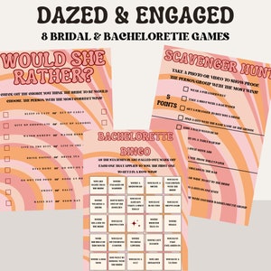 Plantillas editables para despedidas de soltera de Last Disco, juegos de Dazed And Engaged, juegos de despedida de soltera y nupcial con temática retro, bingo, Drink If