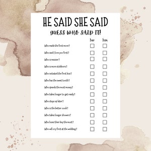 Editable He Said She Said Game, Guess Who Said It, The Wedding Shoe Game, His Or Her Game, Couples Shower Game, Modern Bridal Shower Game
