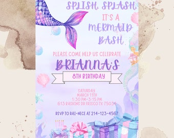 Editable Mermaid Birthday Invitation Template, Printable Under The Sea Birthday Party Invitations, Digital Kids Party Invite, Bday Card