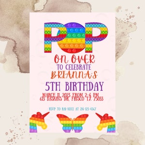 Editable Pop It Birthday Invitation Template, Printable Bubble Pop Toy Party Birthday Invite, Digital Fidget Invite,  Rainbow Neon Pop It