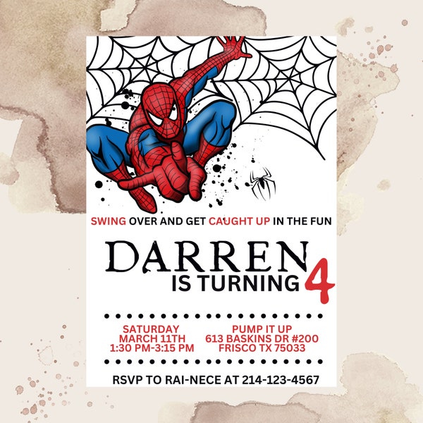 Plantilla editable de invitación de cumpleaños de Spider Man, invitaciones imprimibles a fiesta de cumpleaños de superhéroes, invitación a fiesta digital para niños, tarjeta de cumpleaños