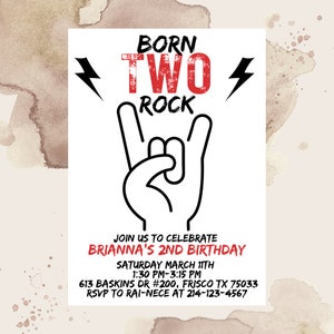 Editable Rock And Roll Invitation, Born Two Rock Party, 2nd Birthday Invitation, ,Two Rocks Party, Punk Rock Birthday, Rolling Stones Party
