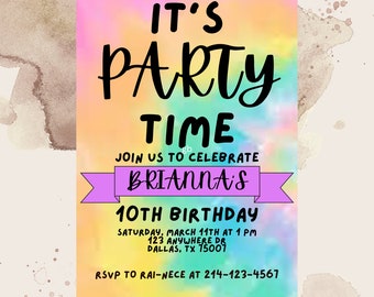 Editable Tie Dye Birthday Invitation Template, Printable Rainbow Birthday Party Invite, Digital Neon Invite Canva,  Rainbow Tie Dye Party,