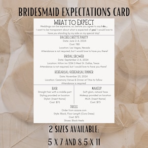 Carte d'attentes de demoiselle d'honneur modifiable, contrat de demoiselle d'honneur, carte de demoiselle d'honneur à quoi s'attendre, responsabilités de mariage, carte d'informations sur la fête de mariage
