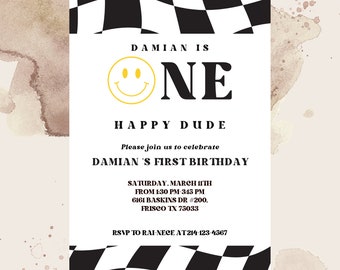 Editable One Happy Dude Invitation Template, Printable Smiley Face Party Invitations, Happy Dude Birthday, Retro Smiley, 1st Bday Evite Card