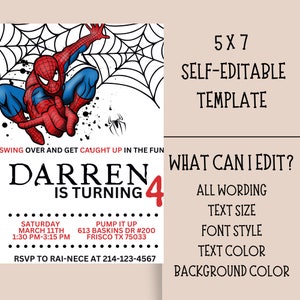 Editable Spider Man Birthday Invitation Template, Printable Super Hero Birthday Party Invitations, Digital Kids Party Invite, Bday Card image 3