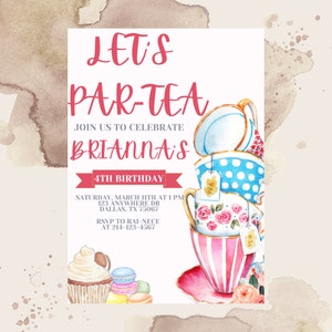 Editable Tea Party Birthday Invitation Template, Printable Macarons Tea Party Birthday Invite, Digital Watercolor, Girl Let's Par-tea Invite