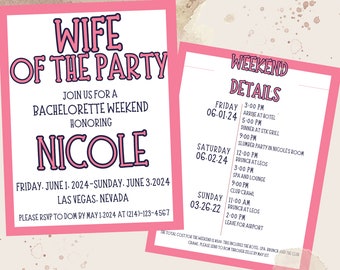 Editable Wife Of The Party Bachelorette Invitation, Bachelorette Itinerary, Retro Bachelorette Invite, Modern Bachelorette Invite