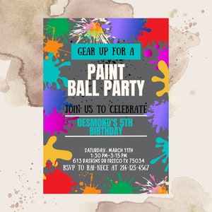 Editable Paintball Birthday Invitation Template, Printable Birthday Party Invitations, Digital Kids Party Invite, Bday Card